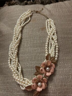 Vintage Pearl Multi-Strand Necklace with Pink Enamel Flower & Gold-toned leaves